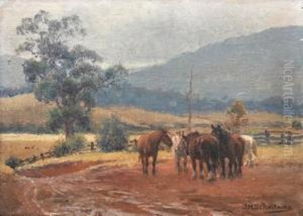 Horses On A Country Road Oil Painting by Jan Hendrik Scheltema