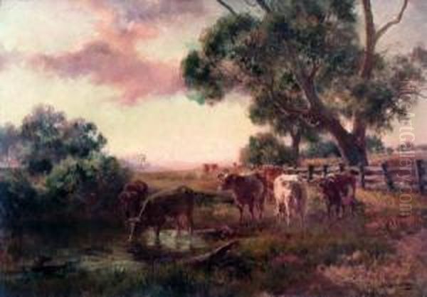 Cattle By A Waterhole Oil Painting by Jan Hendrik Scheltema