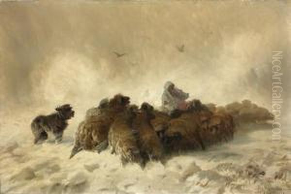 Le Troupeau De Moutons Dans La Tempete Oil Painting by August Friedrich Schenck