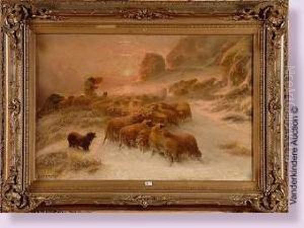 Berger Et Son Troupeau Sous La Neige Au Crepuscule Oil Painting by August Friedrich Schenck