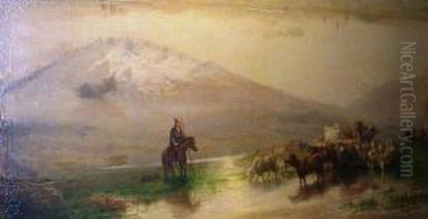 Cattle And Horsemen By An Alpine River Oil Painting by Martinus Christian Schenck