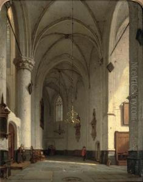 A Sunlit Church Interior, St. Bavo Haarlem Oil Painting by Jan Jacob Schenkel