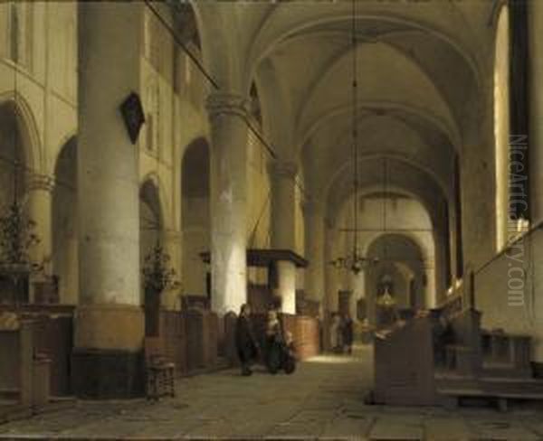 A Sunlit Church Interior Oil Painting by Jan Jacob Schenkel