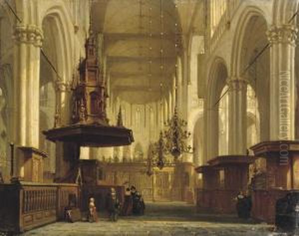 The Pulpit In The Nave Of The Nieuwe Kerk, Amsterdam Oil Painting by Jan Jacob Schenkel