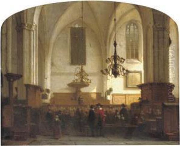 In De Buurkerk Te Utrecht: A Service In A Sunlit Church Oil Painting by Jan Jacob Schenkel