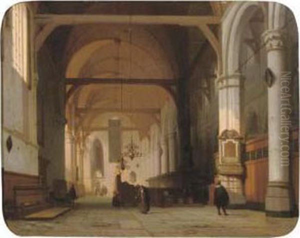 A Sunlit Church Interior Oil Painting by Jan Jacob Schenkel