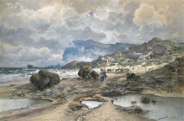 Kustenlandschaft Mit Fischer In Der Bretagne Oil Painting by Jacques Matthias Schenker