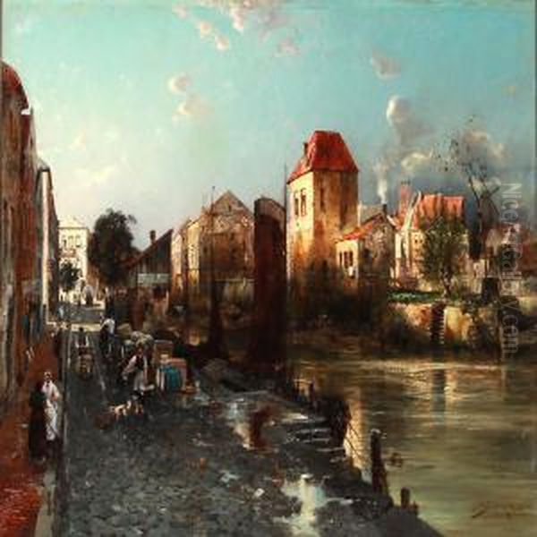 View Of A Dutch City With Canals Oil Painting by Jacques Matthias Schenker