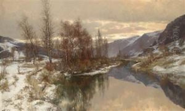 Mountain Landscape In Late Winter With A River Oil Painting by Jacques Matthias Schenker