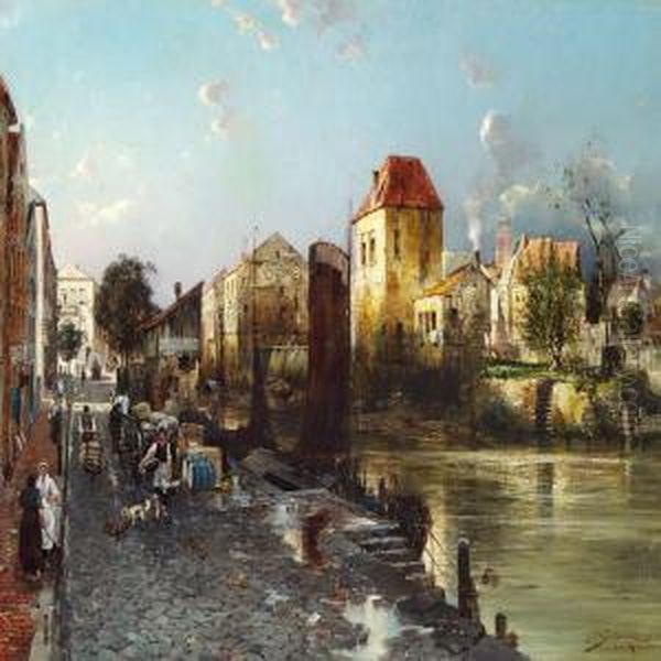 View Of A Dutch City With Canals Oil Painting by Jacques Matthias Schenker