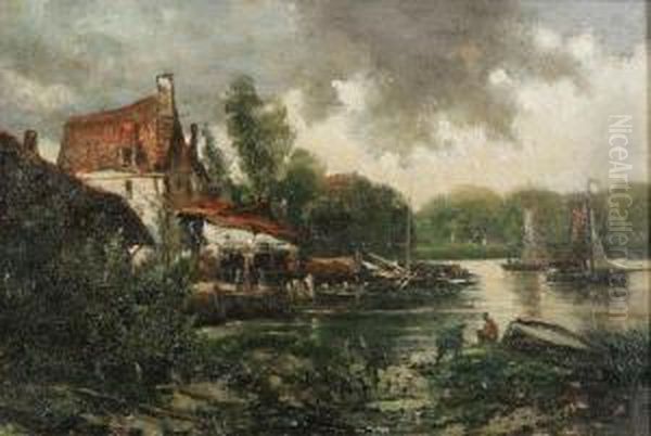 Water Landscape With Yachts And Fishermen At The Quay Oil Painting by Louis Schepens