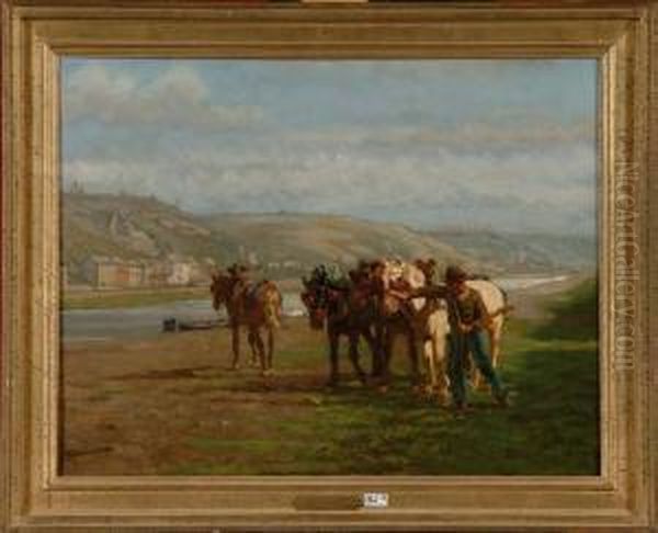 Paysan Et Ses Chevaux En Bord De Fleuve Oil Painting by Cornelis Schermer