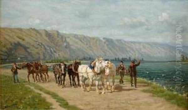 Les Chevaux De Halage
 Toile D'origine 46 X 78 Cm Oil Painting by Cornelis Schermer