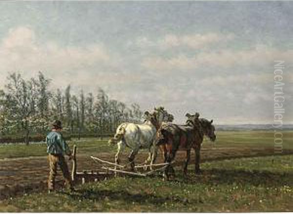 A Ploughing Farmer Oil Painting by Cornelis Schermer