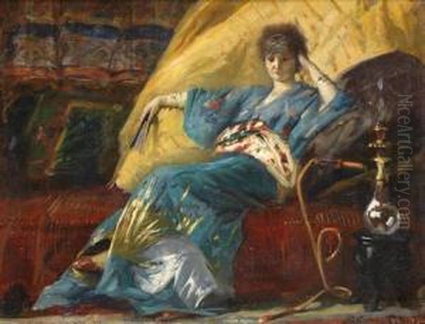 Odalisque Au Narghile Oil Painting by Jean Jacques Scherrer