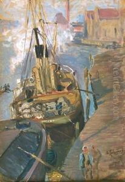 Danzig, Boote Im Hafen Oil Painting by Alfred Scherres