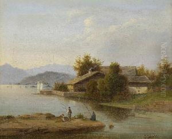 Angler Am Ufer Eines
 Vorgebirgssees. Oil Painting by Josef Schertel