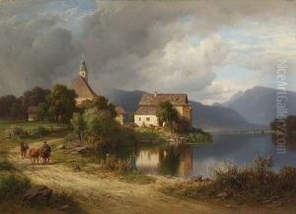 Dorf An Einem Gebirgssee. Oil Painting by Josef Schertel