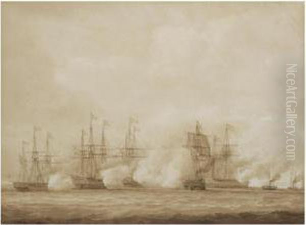 A Naval Action Between The Austrians And The Danes, Off Heligoland Oil Painting by John Christian Schetky