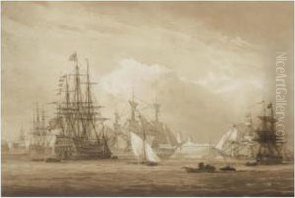 H.m.s Victory And Other Ships In Portsmouth Dockyard Oil Painting by John Christian Schetky