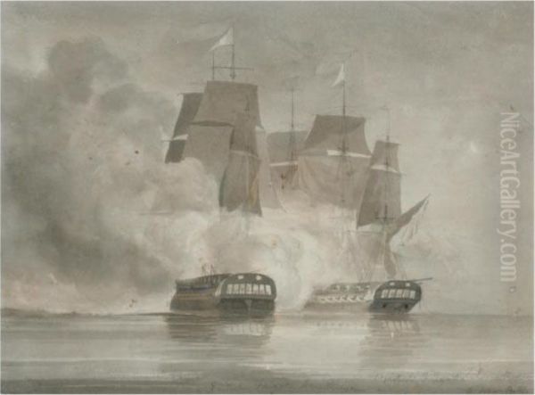 A Drawn Battle Between The French Frigate Arethuse And The British Frigate Amelia Oil Painting by John Christian Schetky