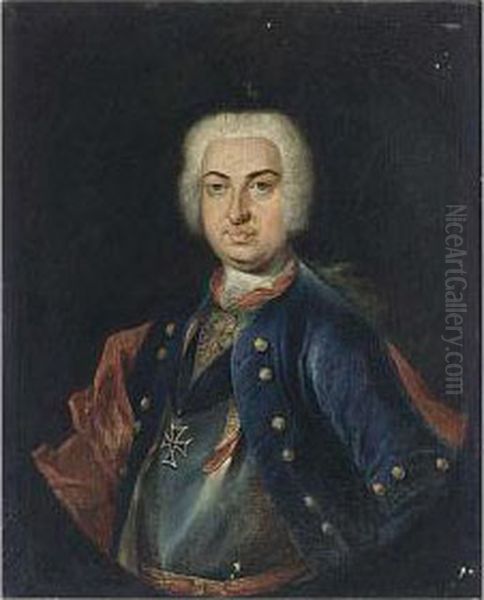 A Portrait Of A Nobleman, Half Length, Wearing A Blue Coat, A Red Shawl And A Wig Oil Painting by Johann Joseph Iii Scheubel