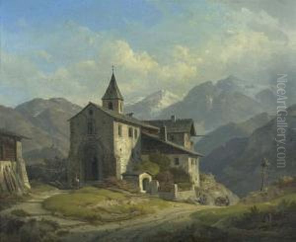 Village Church Before The Mountains. Oil Painting by Wilhelm Rudolf Scheuchzer