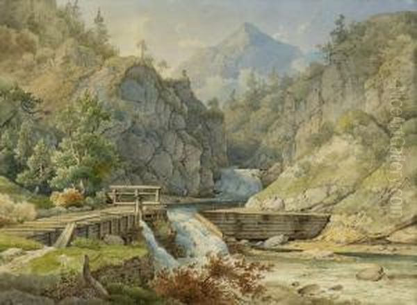 Flusswehr In
 Gebirgslandschaft. Oil Painting by Wilhelm Rudolf Scheuchzer