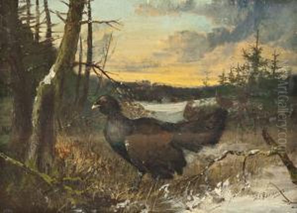 Auerhahn Und Hennen Im Winterwald Oil Painting by Julius Scheurer