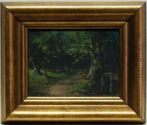 Rotwild Am Waldweg Oil Painting by Julius Scheurer