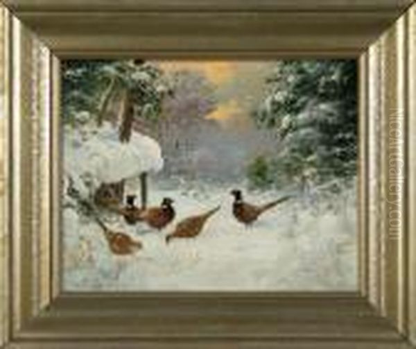 Pheasants On Snow Oil Painting by Otto Scheuerer