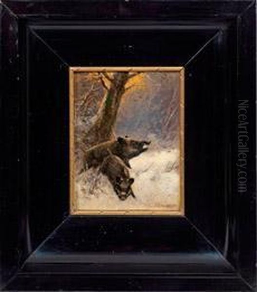 Zwei Wildschweine Inwinterlichem Wald Oil Painting by Otto Scheuerer