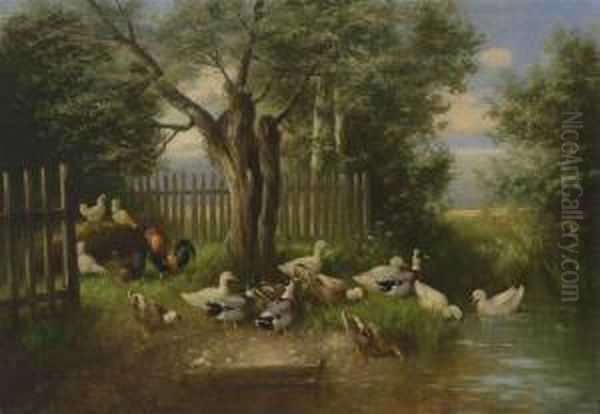 Enten Und Huhner Am Wasser Oil Painting by Otto Scheuerer