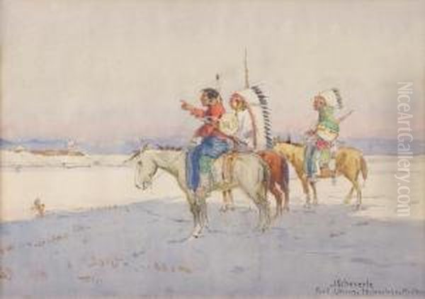 Three Indians On Horseback Oil Painting by Joseph Scheuerle