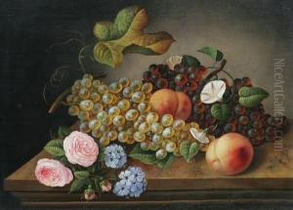 Black And Green Grapes, Peaches, Pink Roses And Other Flowers On A Stone Ledge Oil Painting by Th. Scheuerlein