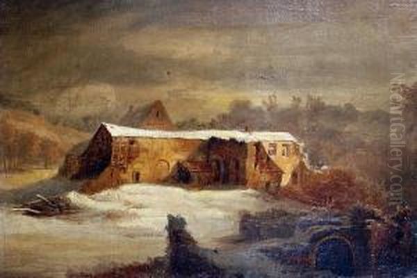 A Winter Scene With A Ruined Monastery Oil Painting by Caspar Johann Nepomuk Scheuren