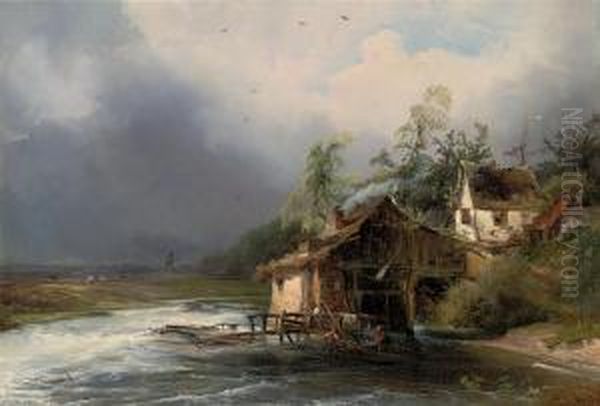 Figures At Work By A Watermill Oil Painting by Caspar Johann Nepomuk Scheuren