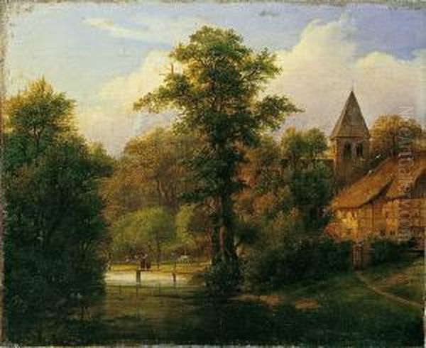 Parklandschaft Mit Bauernhaus Und Kirche. Oil Painting by Caspar Johann Nepomuk Scheuren