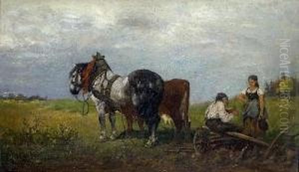 Pflugende Bauern Bei Der Rast Oil Painting by Julius Schgoer