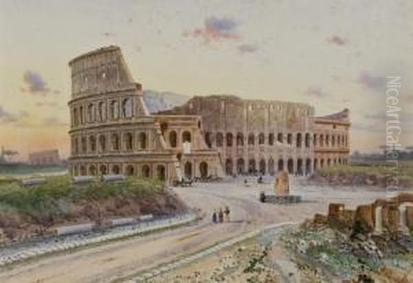 Roma, Carrozze E Figure In Strada Davanti Al Colosseo Oil Painting by Federico Schianchi