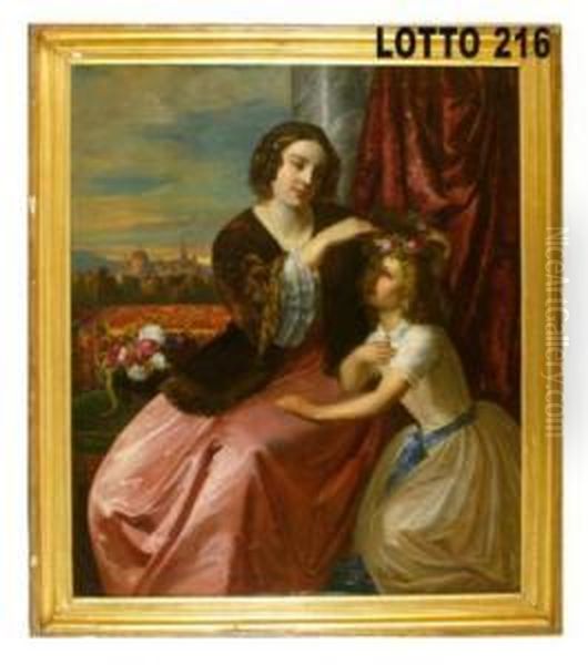 Le Nobili Emilia E Alvina Kugelgen Con Vienna Sullo Sfondo Oil Painting by Natale Schiavoni