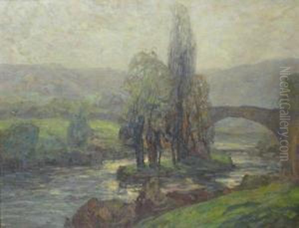 Flusslandschaft Mit Brucke Oil Painting by Karl Schickhardt