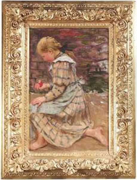 A Kneeling Girl Holding An Apple In Her Right Hand Oil Painting by Fritz Schider