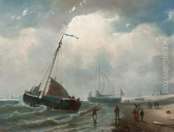 Barges On The Beach Oil Painting by Petrus Paulus Schiedges