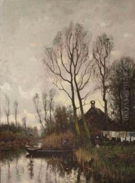 Daily Activities Along A River In An Autumn Landscape Oil Painting by Petrus Paulus Schiedges