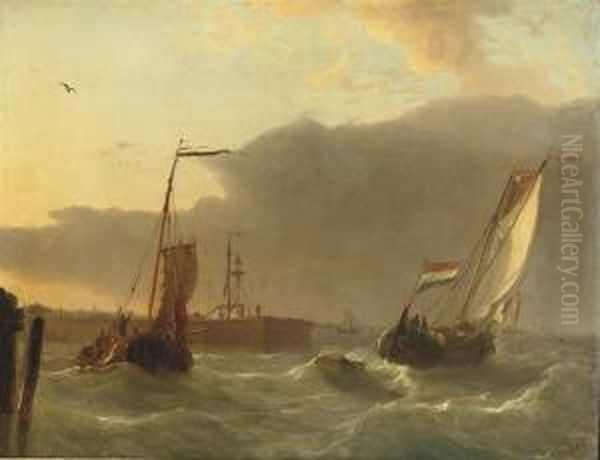 Boats Near A Pier Oil Painting by Petrus Paulus Schiedges