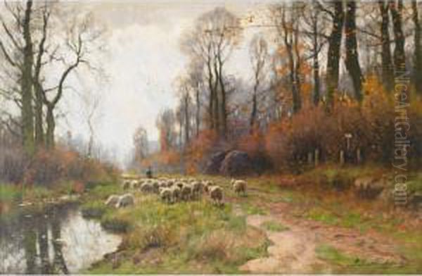 Shepherd And His Flock On A Country Lane Oil Painting by Petrus Paulus Schiedges