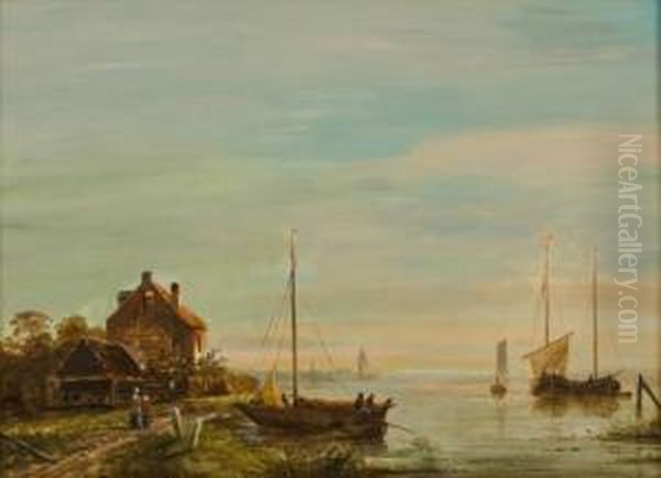 Fluslandschaft Mit Booten Oil Painting by Petrus Paulus Schiedges