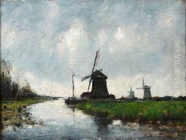 Canal Borde De Moulins Oil Painting by Petrus Paulus Schiedges