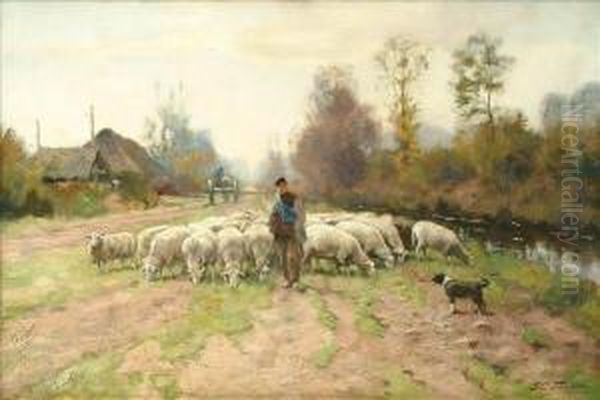 Shepherd With His Sheep, Paused Along A Track Oil Painting by Petrus Paulus Schiedges